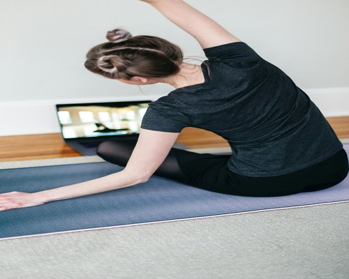 Short break during a workday at home to stretch and relax